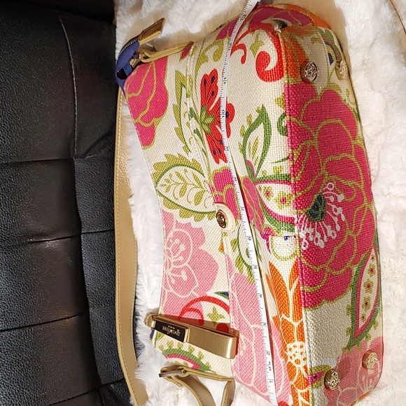 Spartina 449 Off White Floral Linen Bag With Gold Leather 23" Strap - Picture 12 of 12